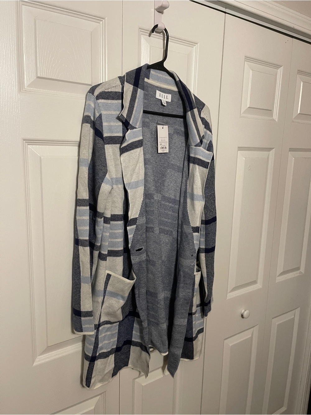 ELLE Blue and Cream Plaid Open-Front Blazer Cardigan